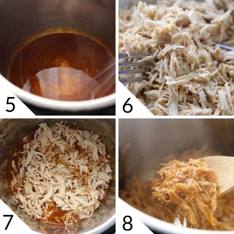 collage illustrating steps to make Instant Pot Buffalo Chicken