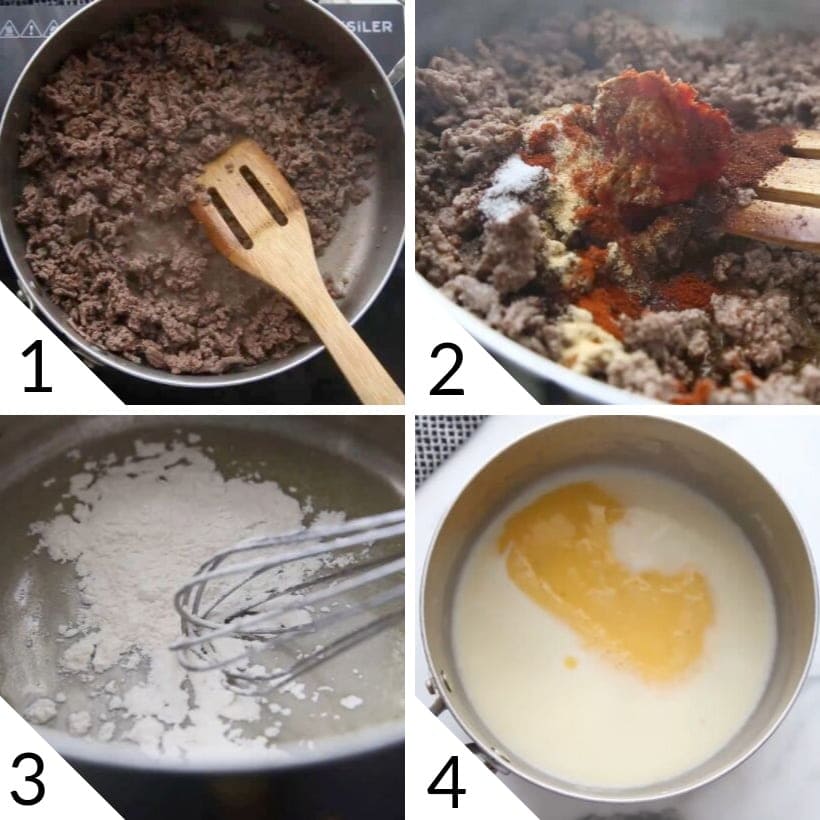 collage illustrating first four steps to make Chili Mac and Cheese bites