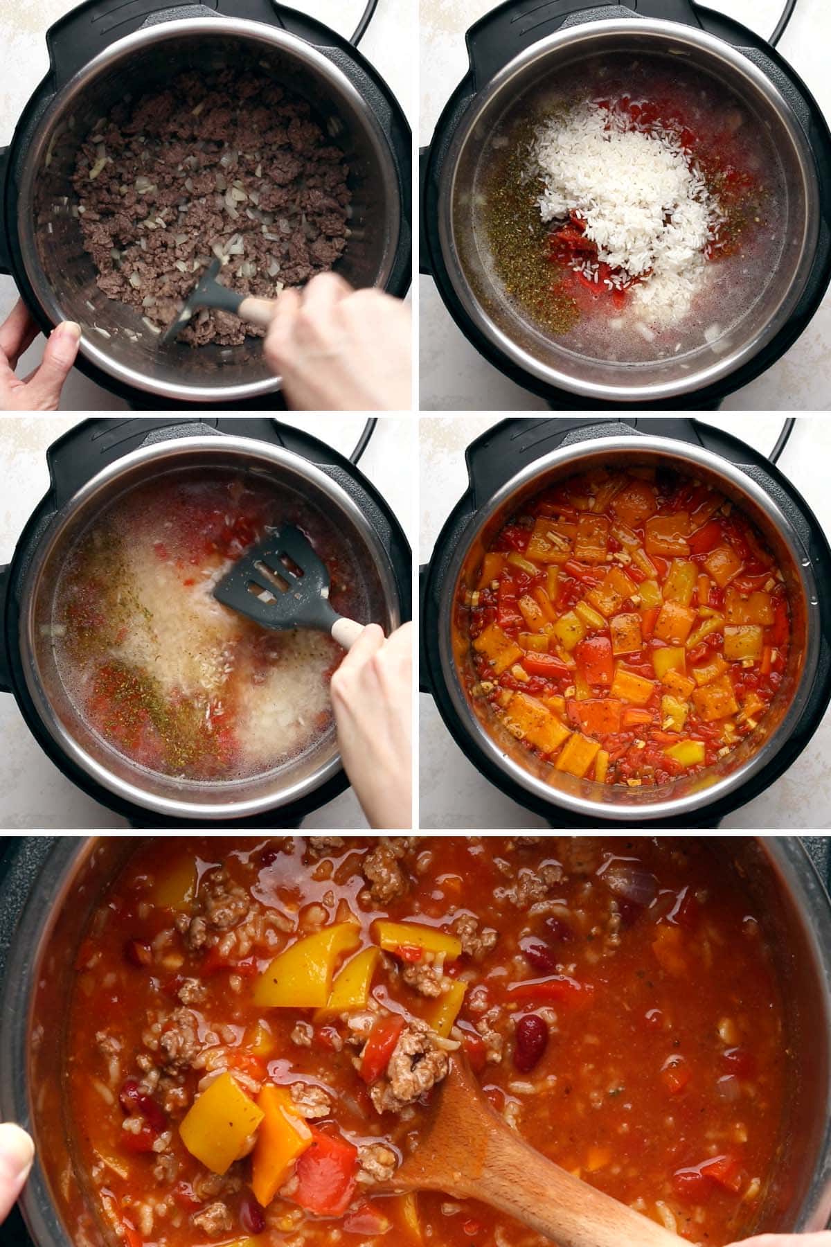 A five-image collage illustrating steps to make Instant Pot Stuffed Pepper Soup