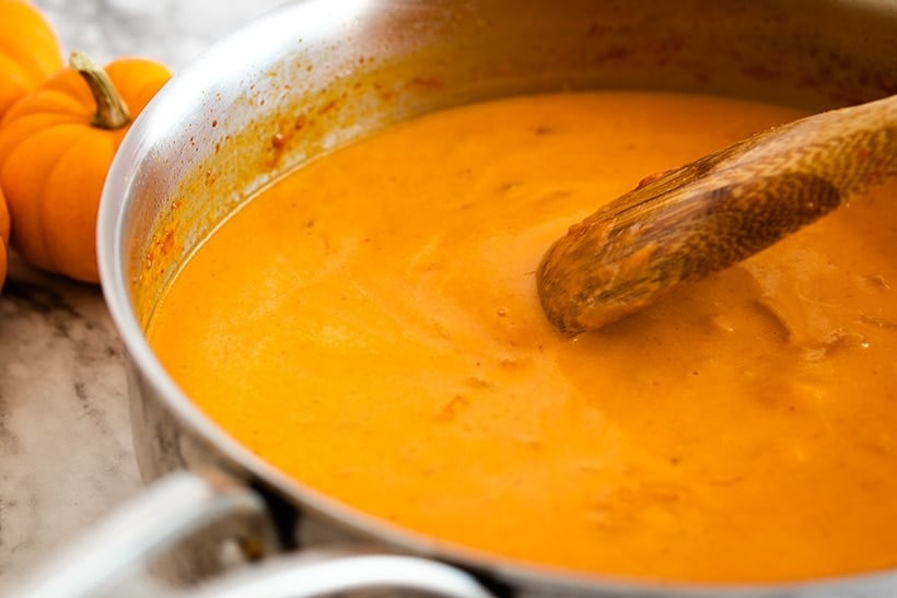 onion, garlic, ginger, red curry, pumpkin puree and coconut milk in a sauce pan
