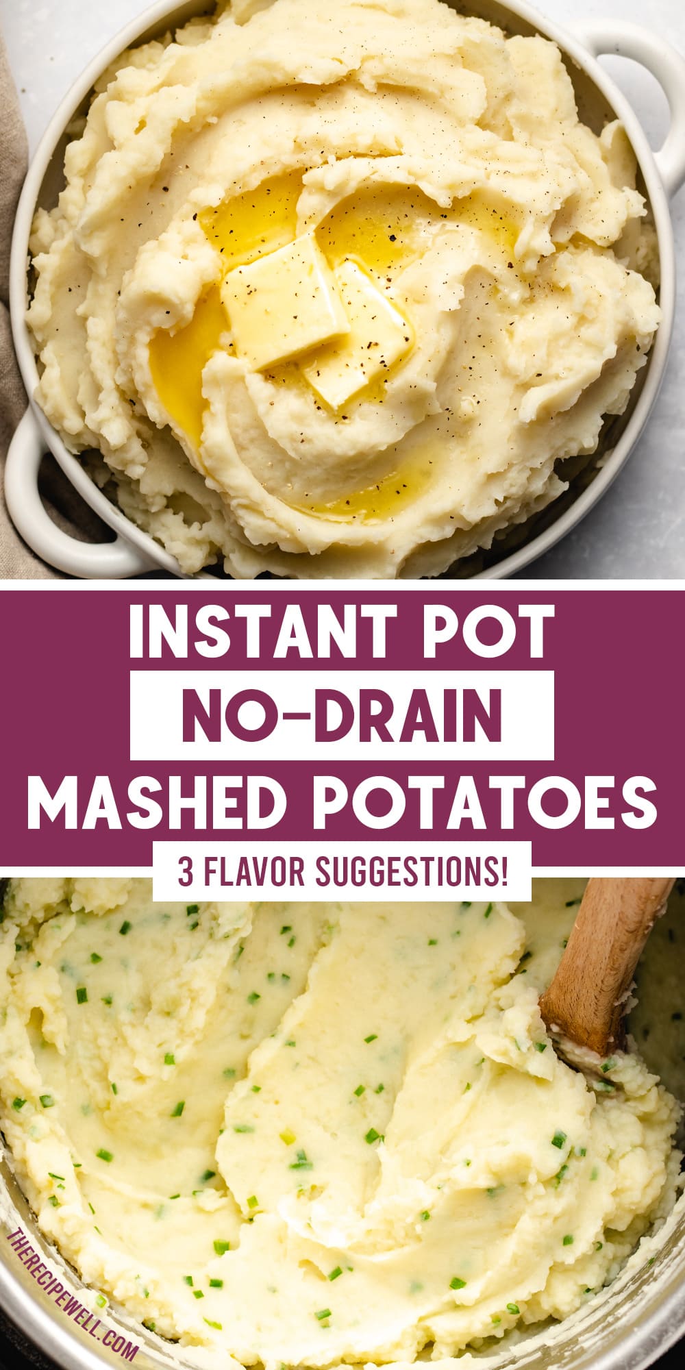 These No Drain Instant Pot Mashed Potatoes are SO easy. With 3 flavour variations (Basic Butter, Sour Cream & Chive and Garlic Rosemary), you'll want to add mashed potatoes to every meal. Save stovetop space at your next holiday meal and make mashed potatoes in the Instant Pot! FOLLOW The Recipe Well for more great recipes!

#easy #nodrain #garlic #rosemary #sourcream #chive #butter via @therecipewell
