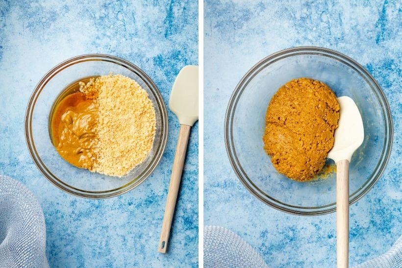 Left photos has ingredients for peanut butter balls in a glass bowl unstirred, right photo is the same ingredients made into a batter
