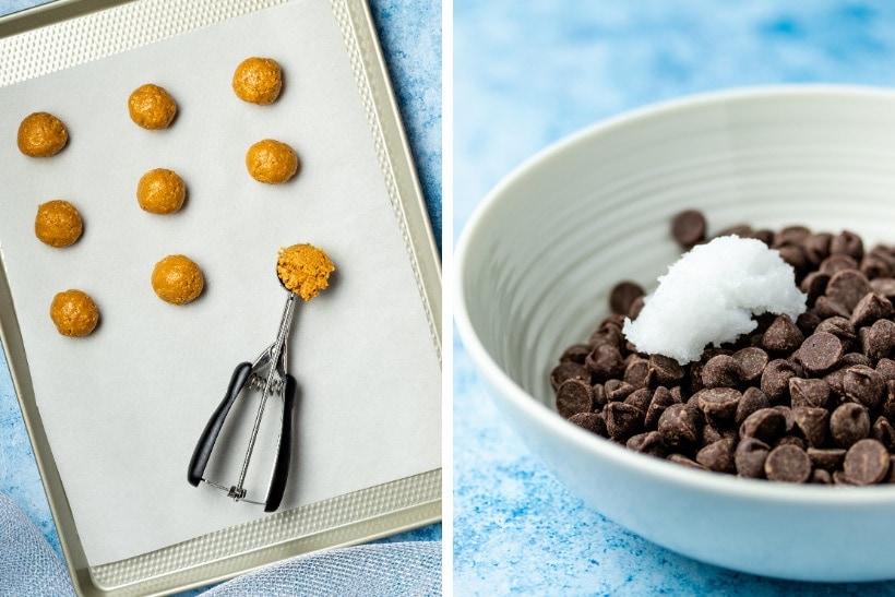 Left photo has 8 peanut butter balls on a baking sheet with a cookie scoop full of batter, right photo has chocolate chips and coconut oil in a white bowl