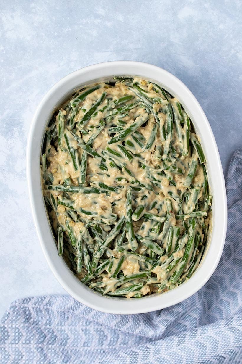 uncooked vegan green bean casserole before adding the crispy onion topping