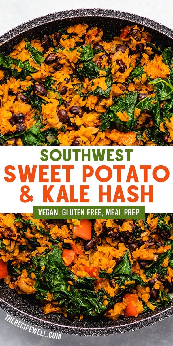This Southwest Sweet Potato, Kale and Black Bean Hash is a delicious addition to your breakfast plate! Eat it on its own to keep it vegan, or build a plate with eggs, avocado and tomato. Perfect for meal prep! FOLLOW The Recipe Well for more great recipes! #healthy #mealprep #breakfast #skillet #vegan #glutenfree via @therecipewell