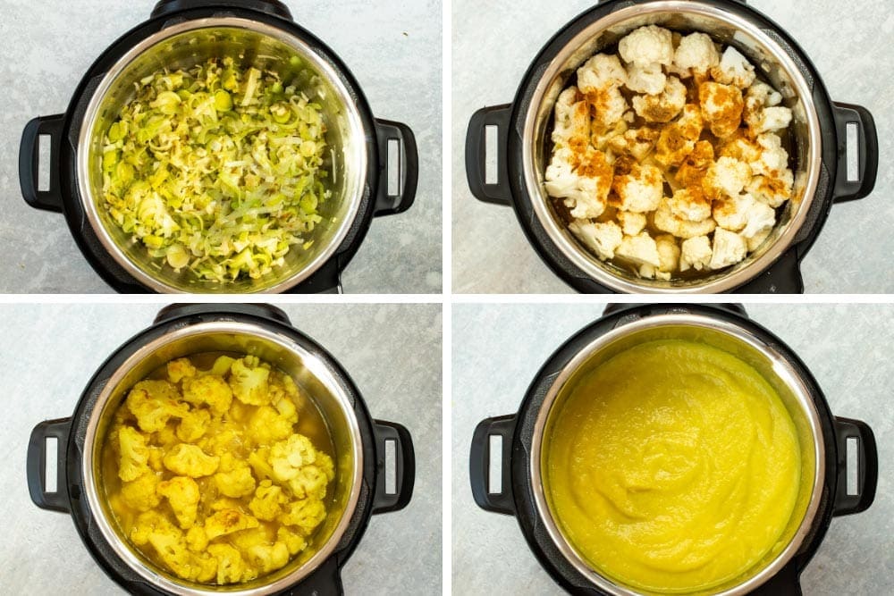 A collage of 4 photos showing the steps to make Instant Pot cauliflower soup (sautéed leeks, add cauliflower, pressure cook, then blend)