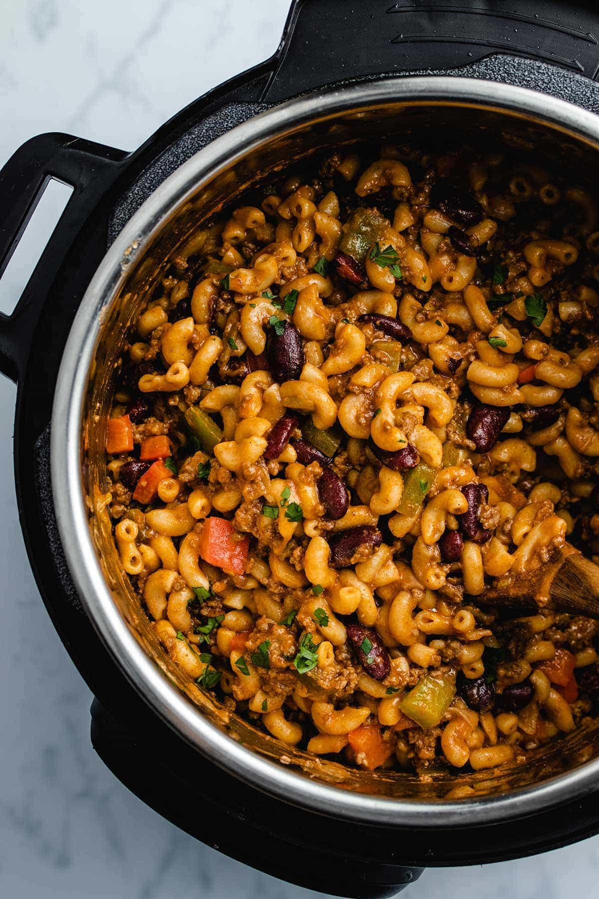 Chili mac and cheese in an Instant Pot viewed from overhead