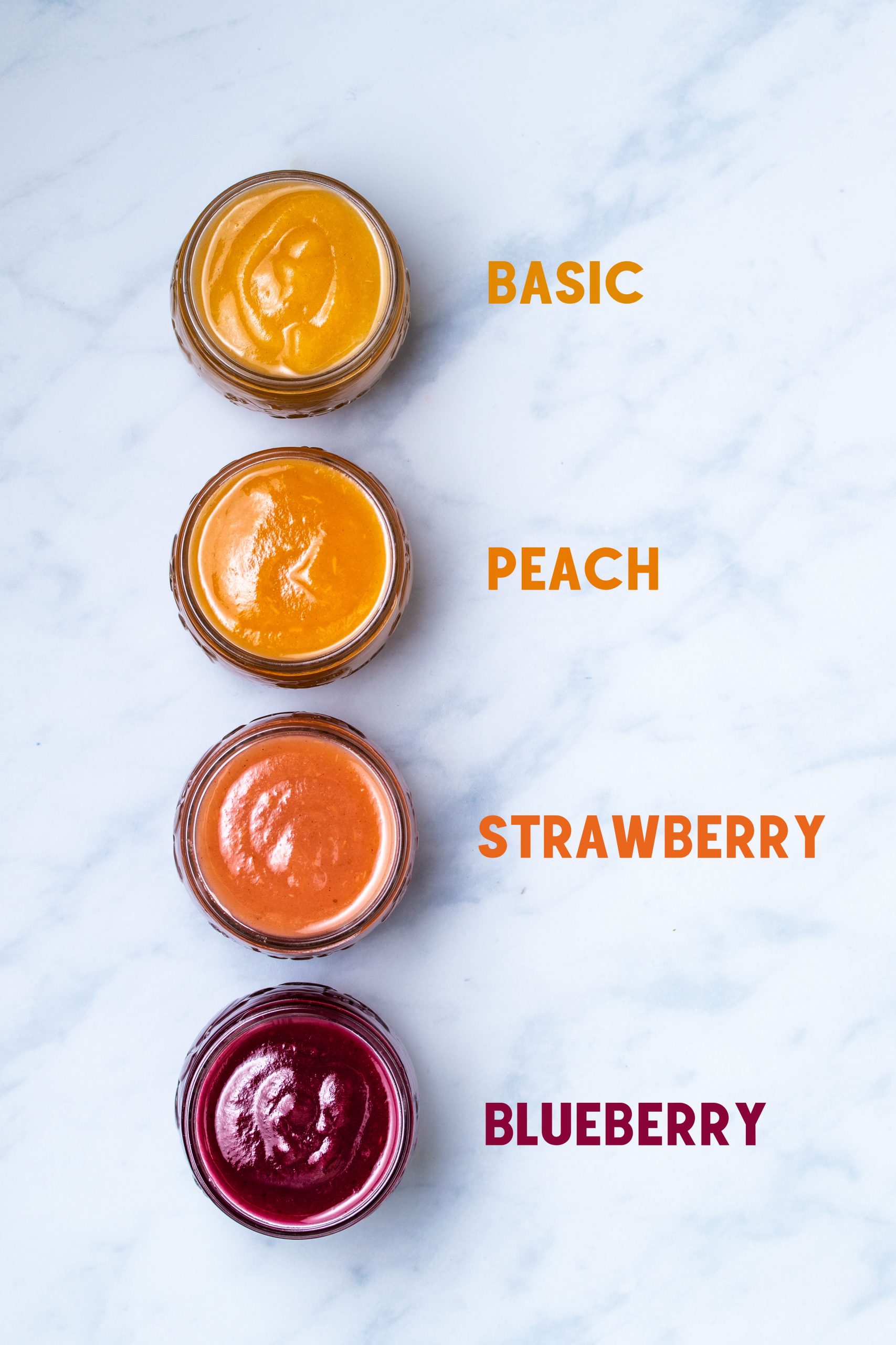 Four flavours of Instant Pot applesauce in mason jars in a vertical line with text showing the flavour beside each jar