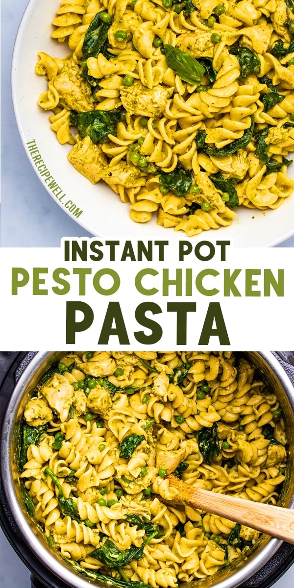 Instant Pot Pesto Chicken Pasta is filled with amazing pesto flavour and healthy greens like spinach and peas. Try this one-pot meal for dinner tonight! FOLLOW The Recipe Well for more great recipes!

#onepot #dinner #easy #healthy #green via @therecipewell