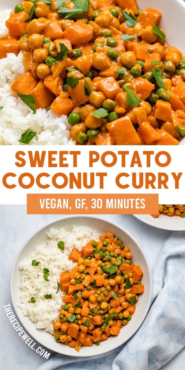 An easy weeknight meal! Made with just 8 ingredients, this Sweet Potato Chickpea Coconut curry is ready in less than 30 minutes using common pantry items. FOLLOW The Recipe Well for more great recipes!

#vegan #glutenfree #easy #Thai #healthy #quick via @therecipewell