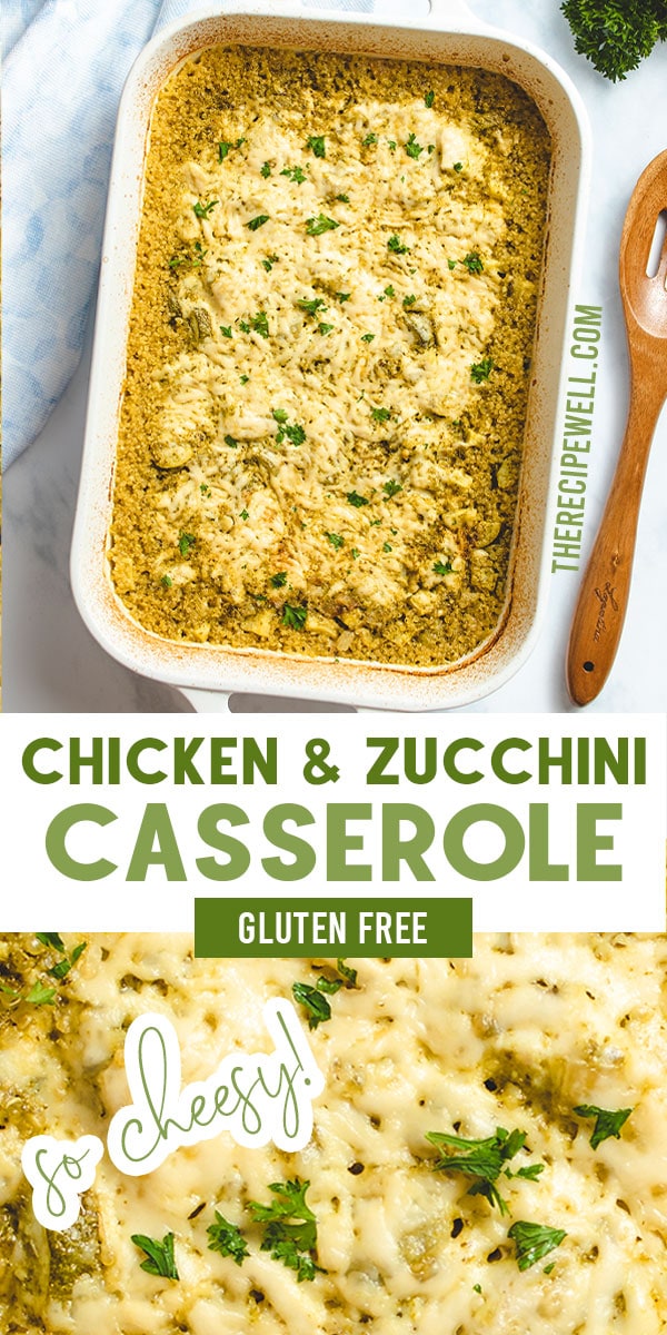 Chicken and Zucchini Casserole is an easy and healthy dinner. A delicious meal made with chicken breast, zucchini, quinoa, pesto and melty mozzarella. FOLLOW The Recipe Well for more great recipes! via @therecipewell