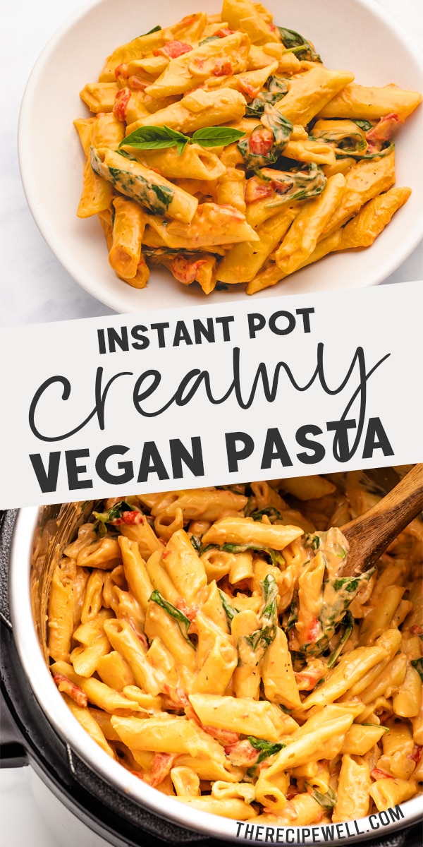 This Instant Pot Vegan Pasta is made with penne, a creamy cashew rosé sauce, roasted red peppers and spinach. A simple yet impressive meal your family will love, whether they're vegan or not!

#easy #creamy #healthy #onepot #instantpot #dinner via @therecipewell