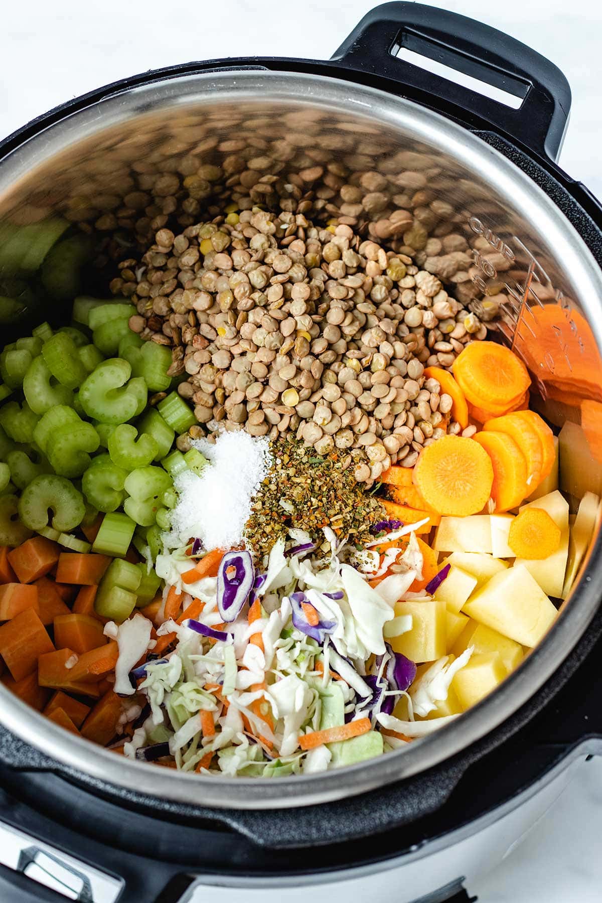 Lentils, carrots, potatoes, cabbage, sweet potato, celery and seasoning in an Instant Pot.