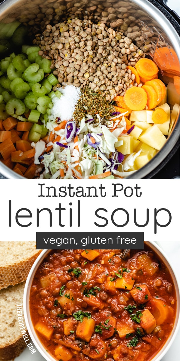 Instant Pot Lentil Soup is a hearty bowl of comfort. Made with tons of different vegetables, green lentils and crushed tomatoes, this easy vegan soup is sure to warm you up on a cold day! No sautéing required! via @therecipewell