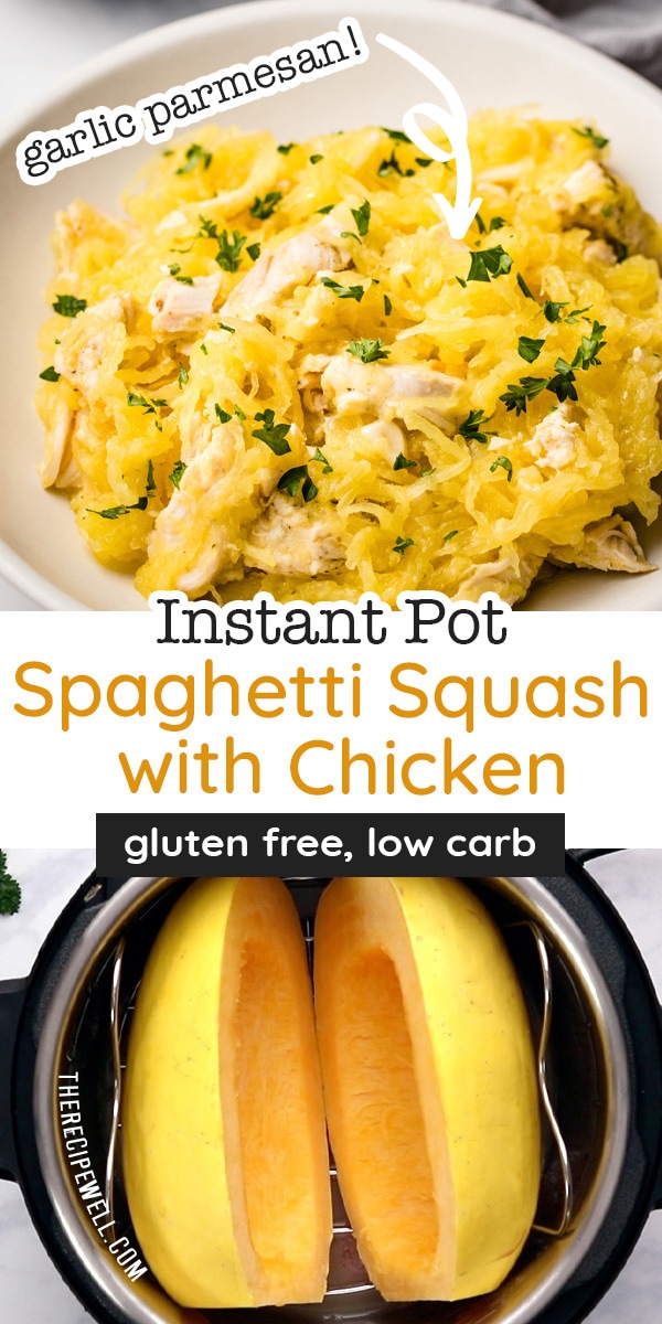Instant Pot Spaghetti Squash with Chicken is such a timesaver! The squash and chicken cook at the same time, with just 3 minutes of pressure cooking! You will love the garlic parmesan flavour. Save this easy recipe! via @therecipewell