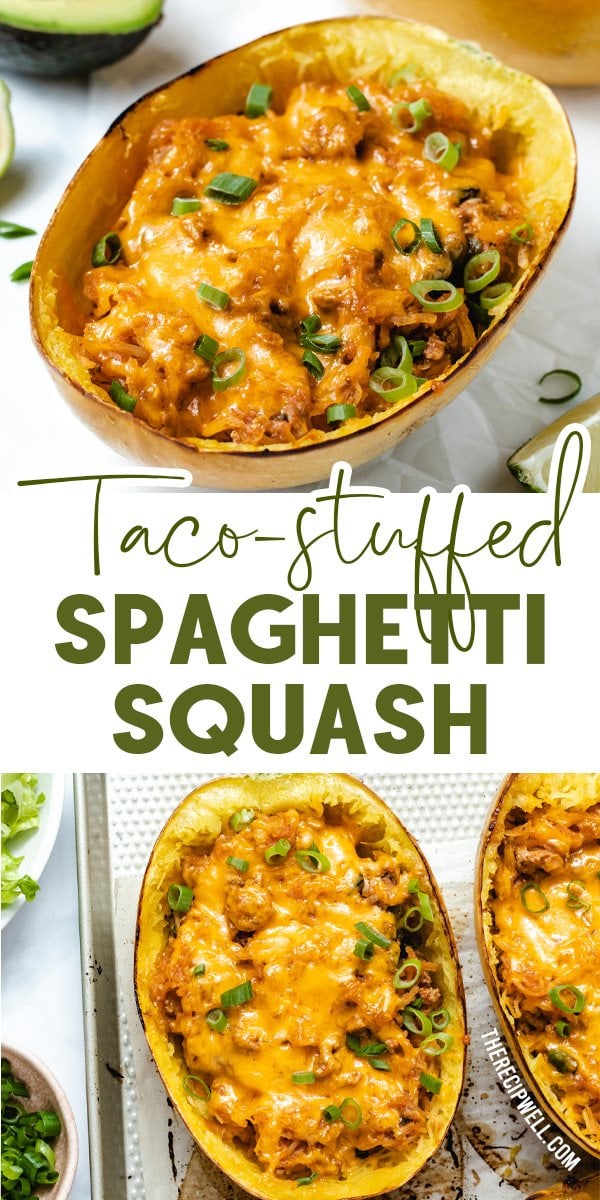 Taco Stuffed Spaghetti Squash is what happens when you mix taco filling with spaghetti squash and top it with melty cheddar cheese. It's a healthy, high-protein meal your entire family will love! Naturally gluten free, low carb and keto friendly.  via @therecipewell
