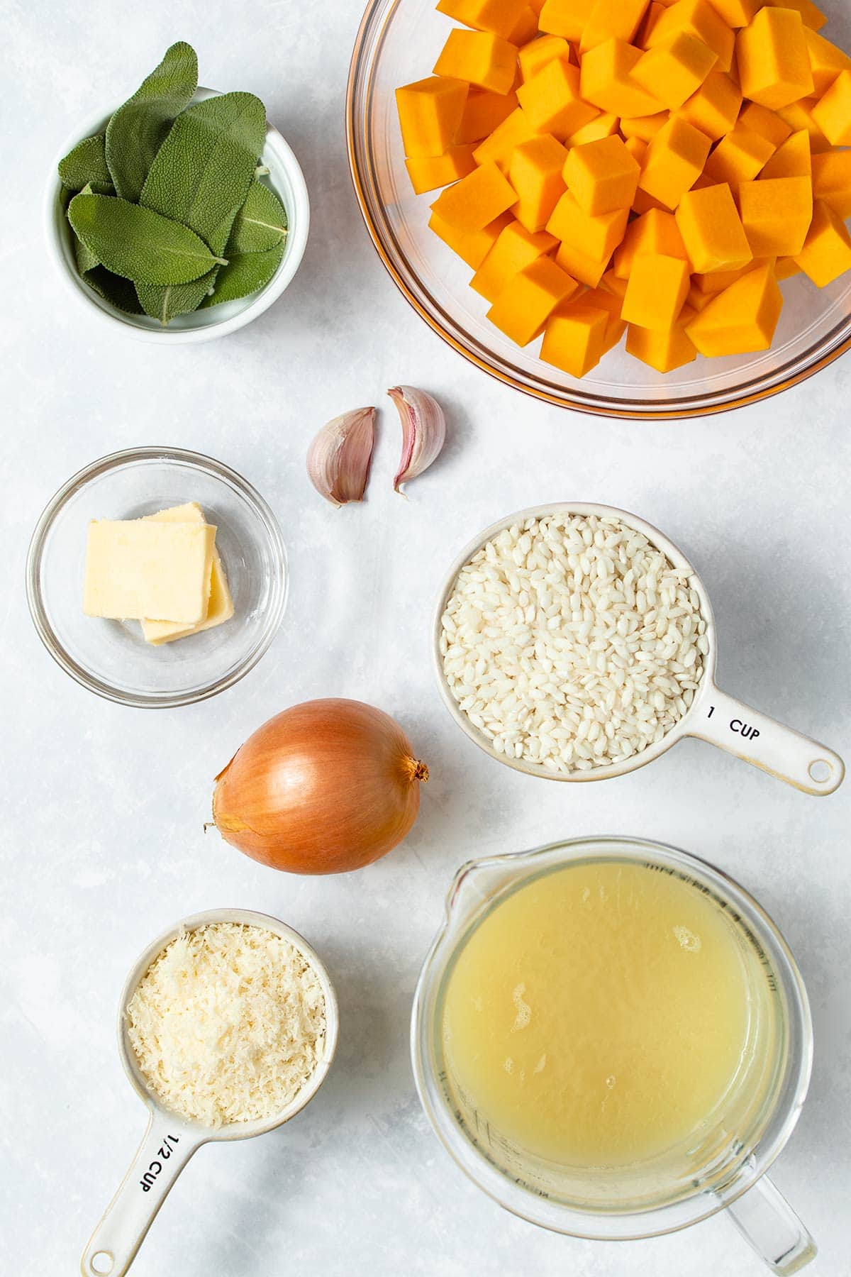 Ingredients for Instant Pot Butternut Squash Risotto viewed from overhead.