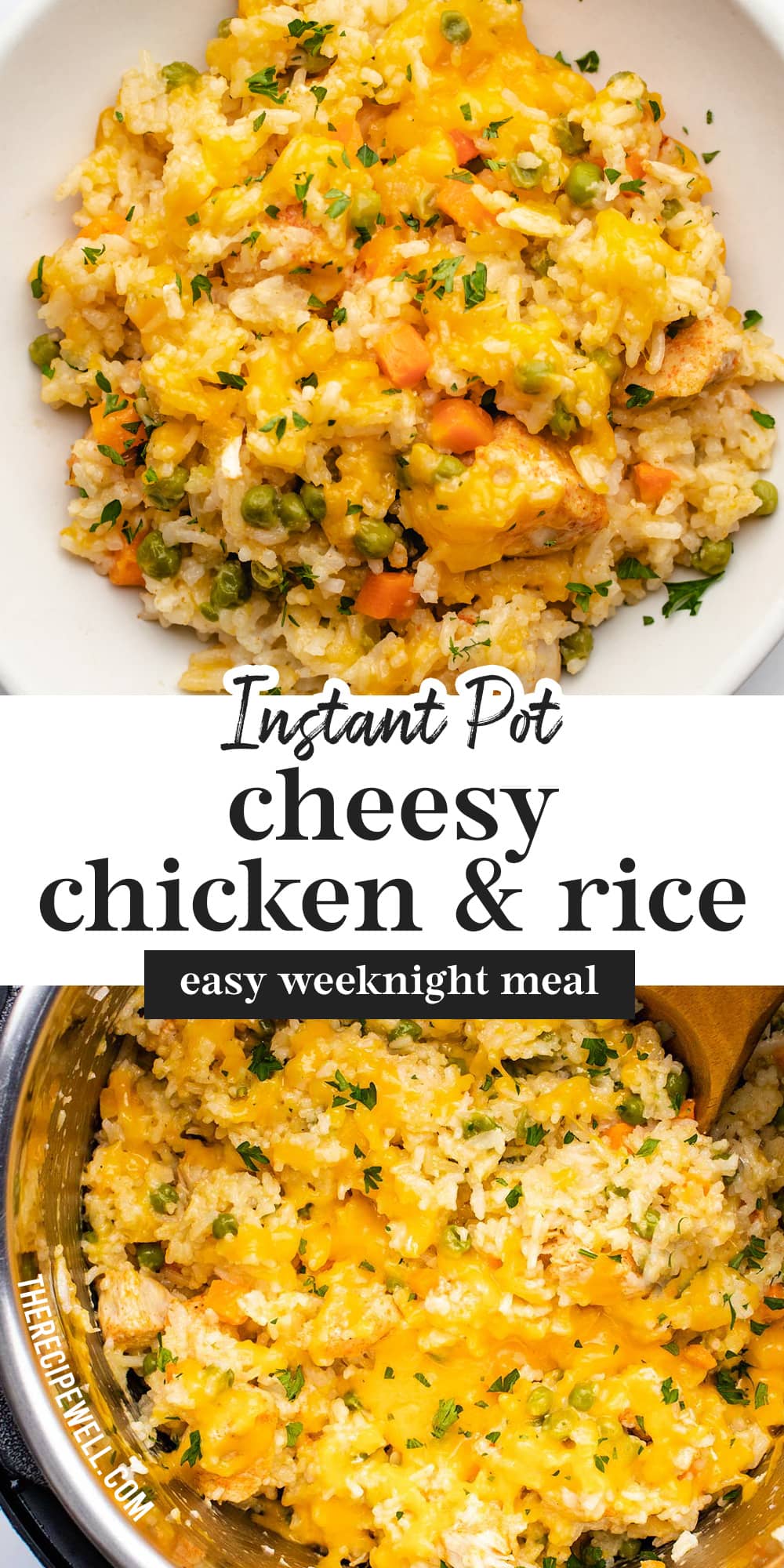 Instant Pot Cheesy Chicken and Rice is a delicious family-friendly meal. With very little prep and less than 10 ingredients, this one-pot recipe makes busy weeknights so much easier. via @therecipewell