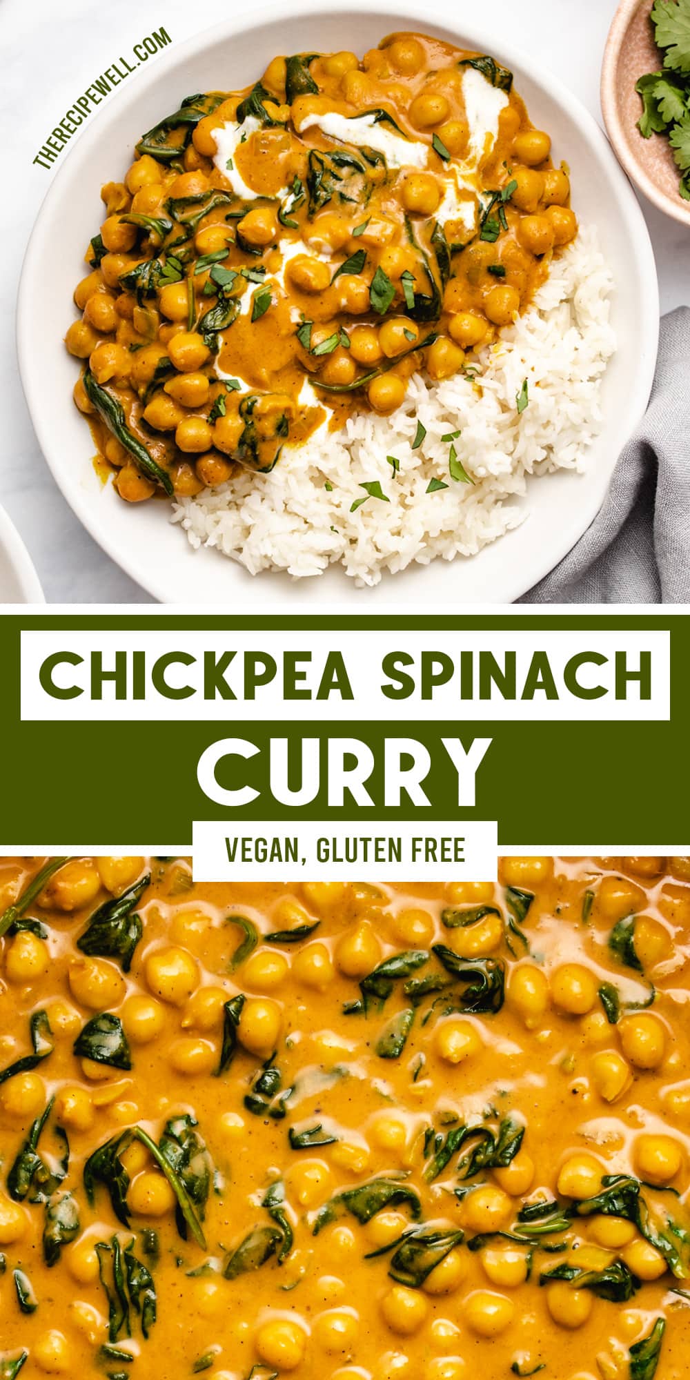 This quick and easy vegan Chickpea Spinach Curry is a great dinner option for busy weeknights! Made with coconut milk and warming spices, you will love this creamy, comforting dish. It's perfect for meal prep too! via @therecipewell