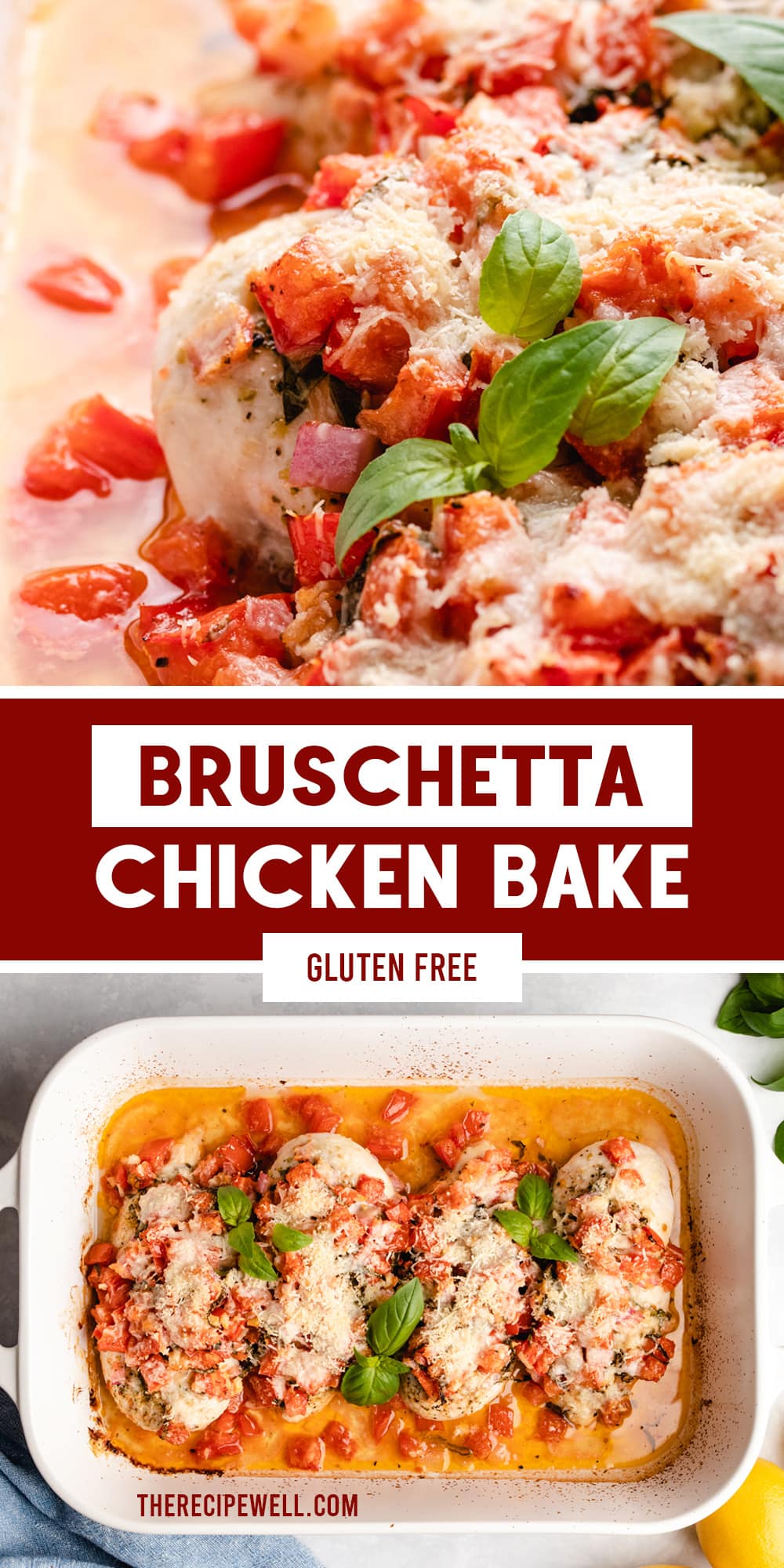 Bruschetta Chicken Bake is an easy summer meal. Made with a flavourful, fresh tomato topping and a generous amount of parmesan cheese, your family will love this chicken dinner. It's great for meal prep too! via @therecipewell