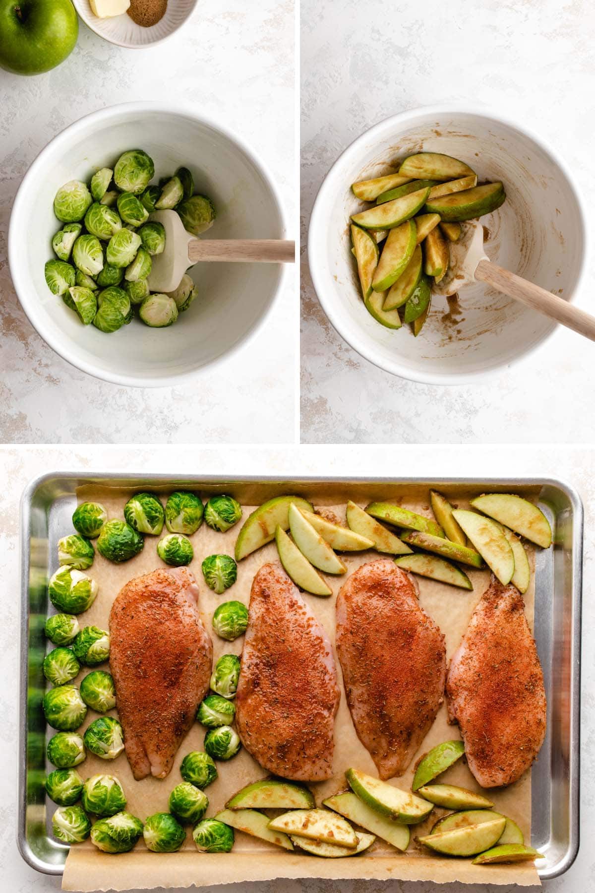 A collage showing the Brussels sprouts and apple slices being tossed in a white bowl, and the uncooked food on a sheet pan.