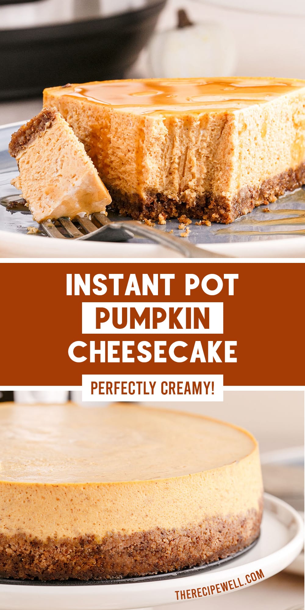 Instant Pot Pumpkin Cheesecake is basically pumpkin pie in cheesecake form. It's the perfect Thanksgiving dessert! via @therecipewell