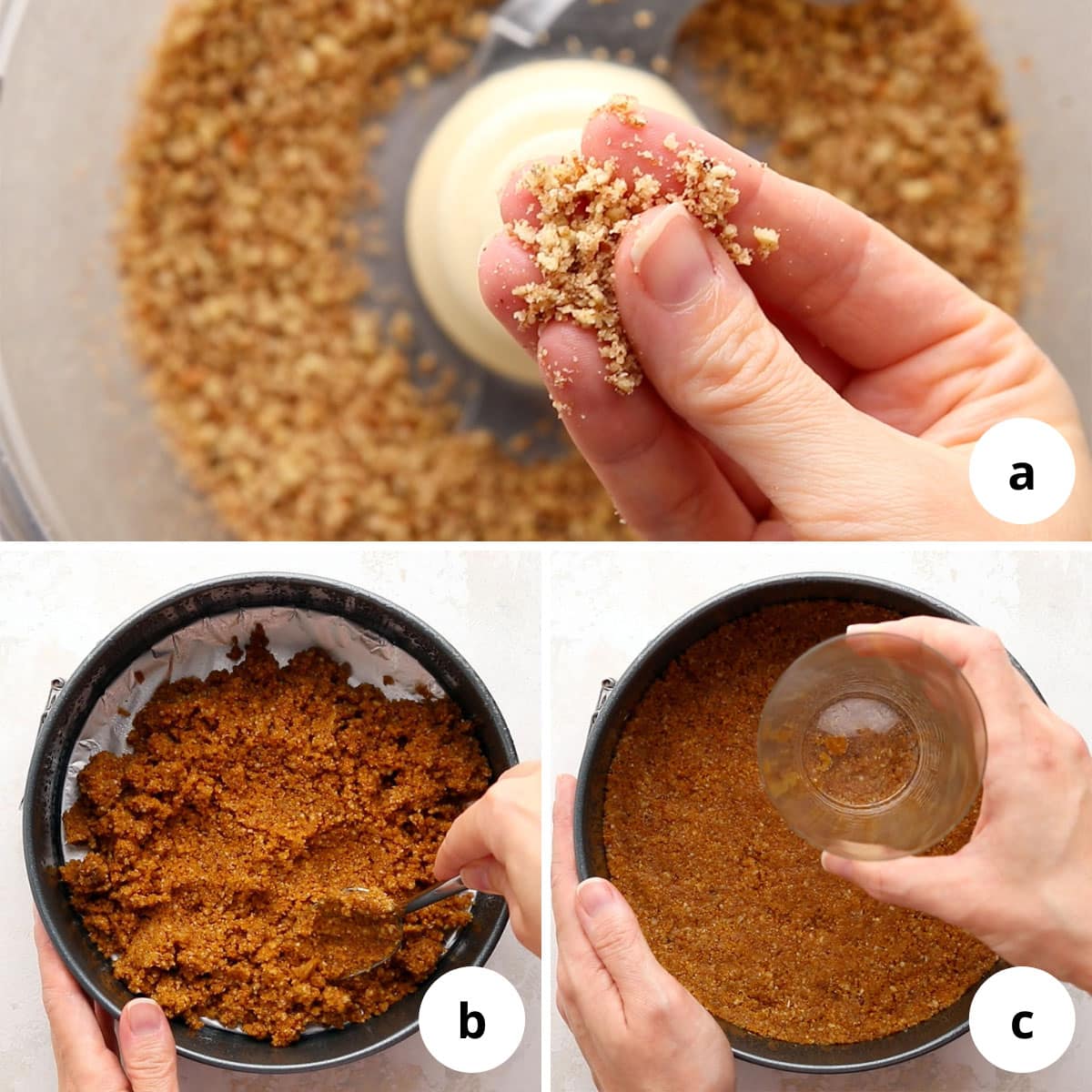 A collage showing the steps for how to make a pecan and graham crumble crust.