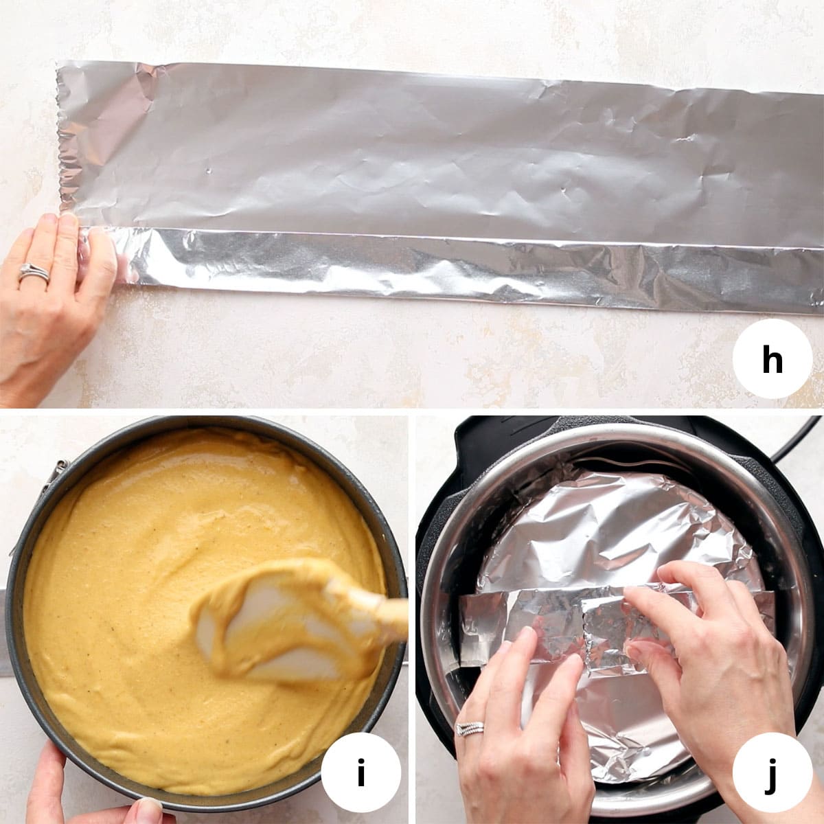 A collage showing how to make a tin foil sling and how to place pumpkin cheesecake in the Instant Pot.