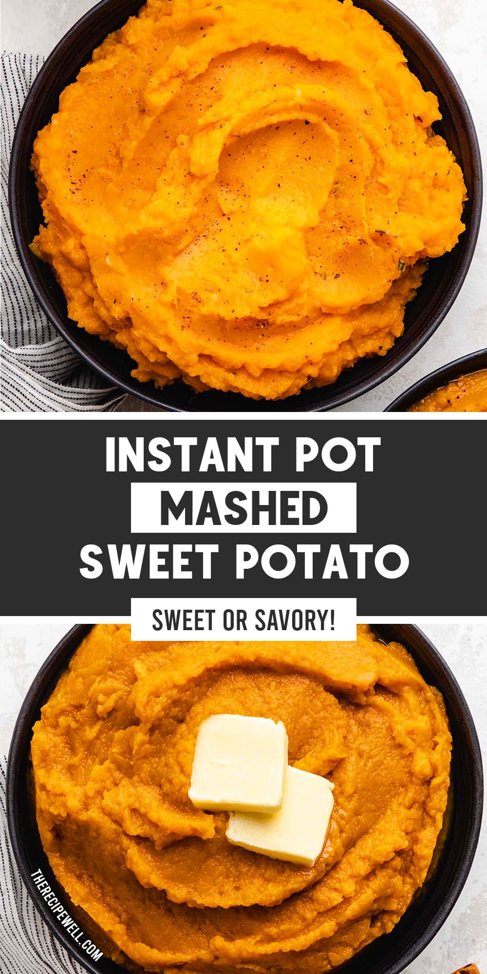 Instant Pot Mashed Sweet Potatoes are an easy and delicious side dish that add a pop of colour to any meal. Make it sweet (brown sugar cinnamon) or savoury (garlic rosemary)! via @therecipewell