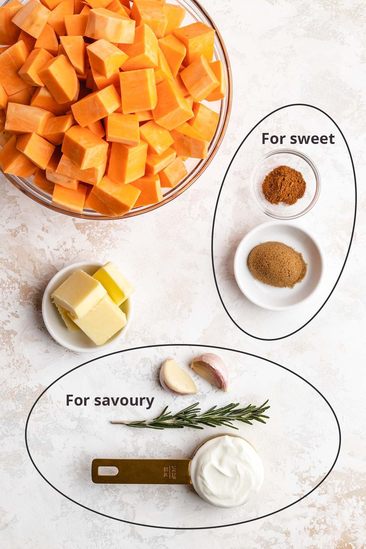 Ingredients needed to make both sweet and savoury flavours of Instant Pot Mashed Sweet Potatoes.