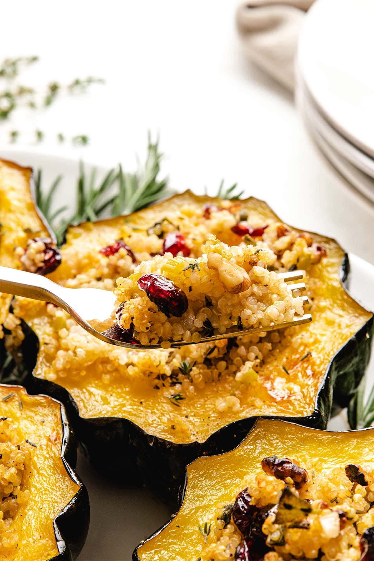 A forkful of herbed quinoa stuffing being taken from a stuffed acorn squash half.