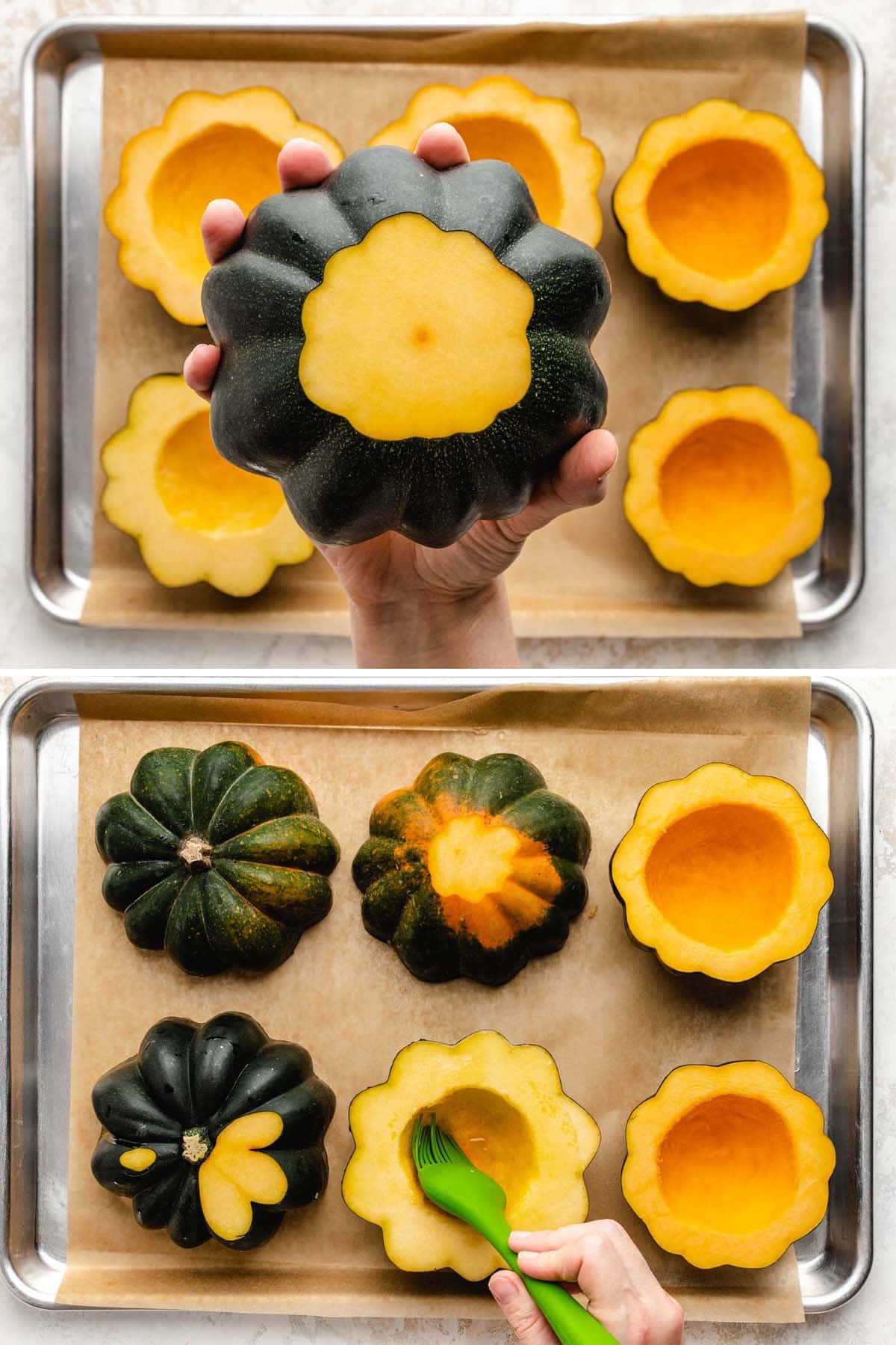 A collage showing how to slice the bottom off of acorn squash and brushing with olive oil before roasting.