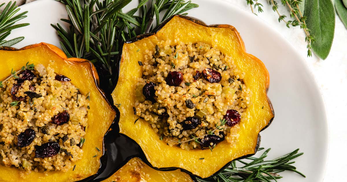 Vegan Stuffed Acorn Squash with Herbed Quinoa Stuffing