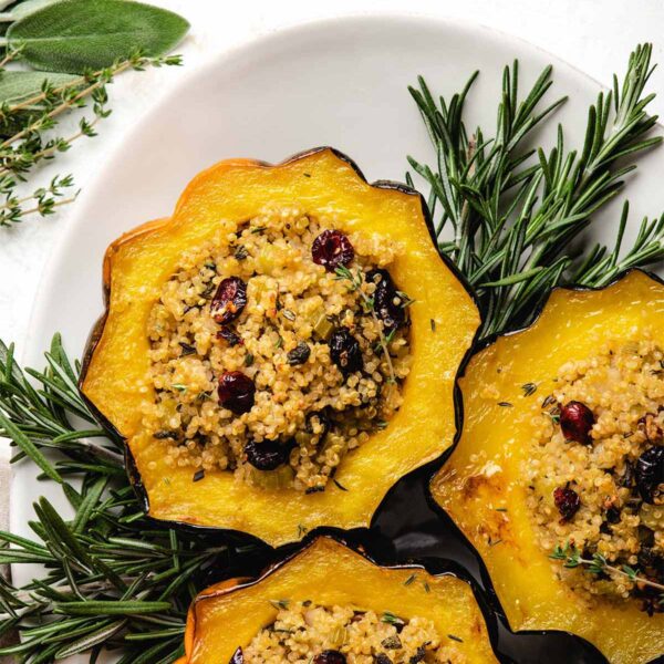 Vegan Stuffed Acorn Squash with Herbed Quinoa Stuffing