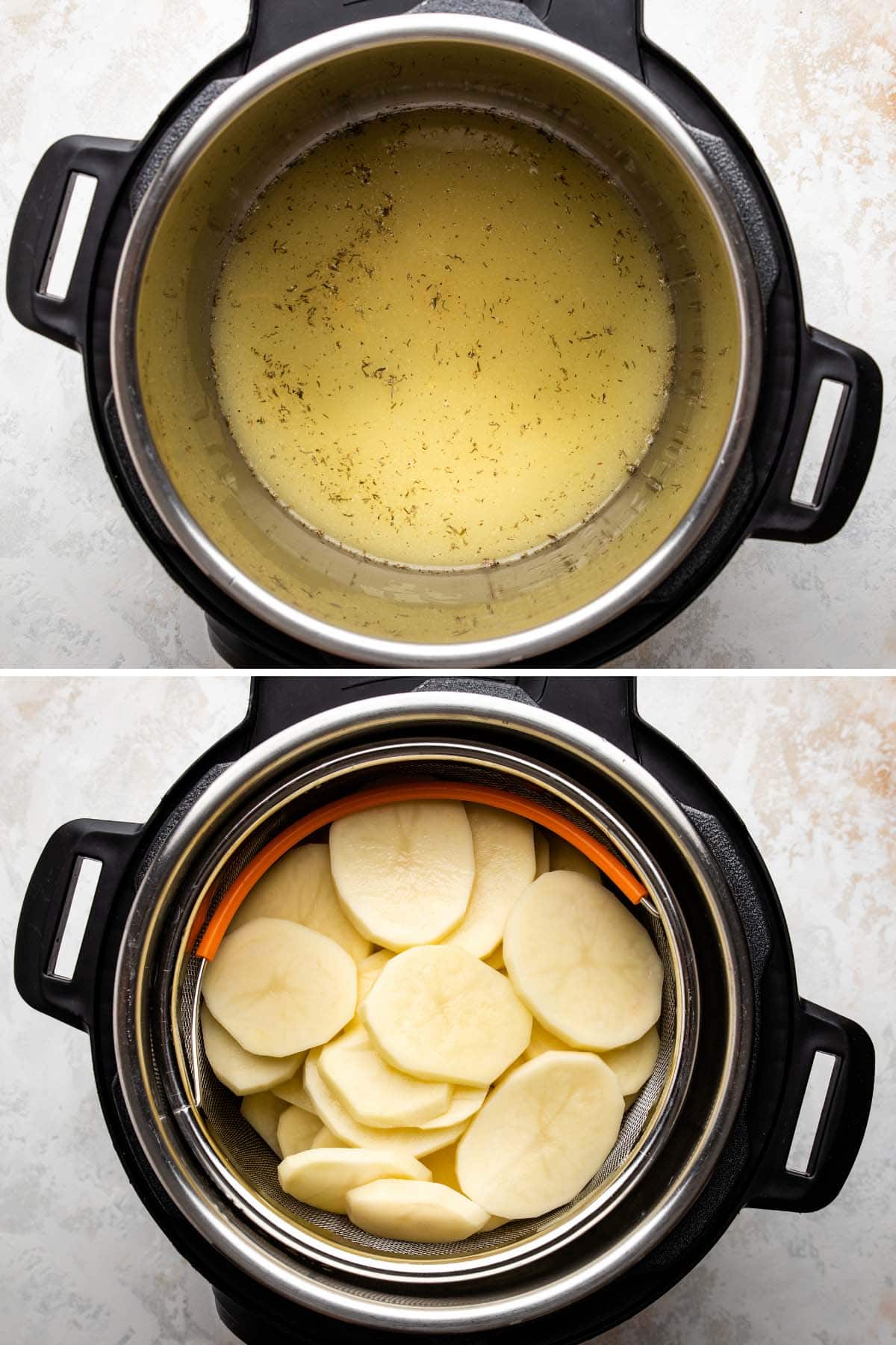 Step one: broth and seasoning in the Instant Pot, then step two: sliced potato rounds in a steamer basket in the Instant Pot.