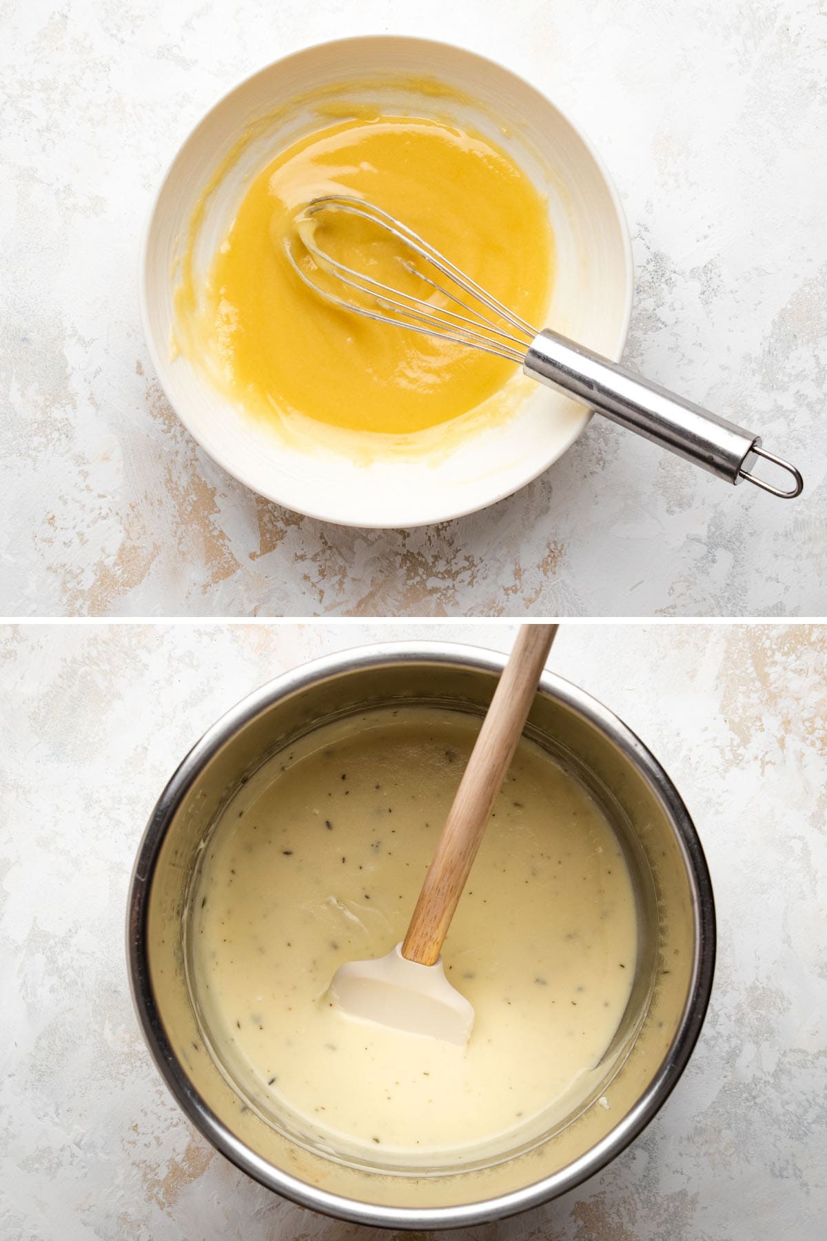 Melted butter and flour mixed together in a white bowl, over a photo of the finished sauce in the Instant Pot insert.