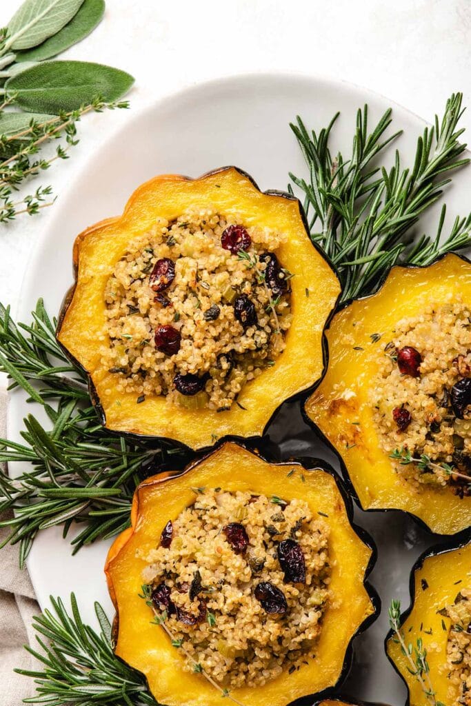 Vegan Stuffed Acorn Squash with Herbed Quinoa Stuffing