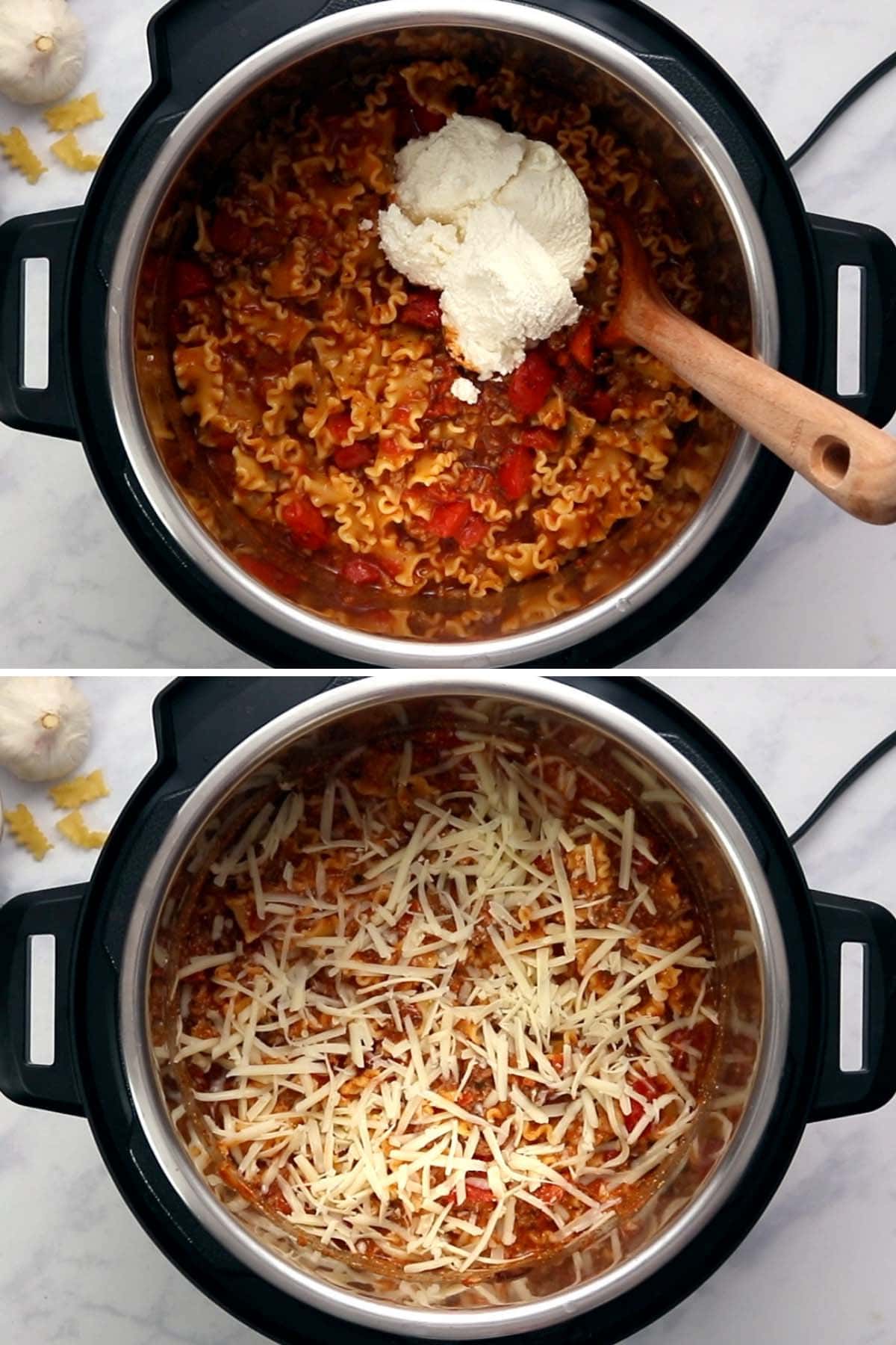 Process photos of how to make Instant Pot Lazy Lasagna, showing mixing in ricotta cheese and topping with mozzarella.