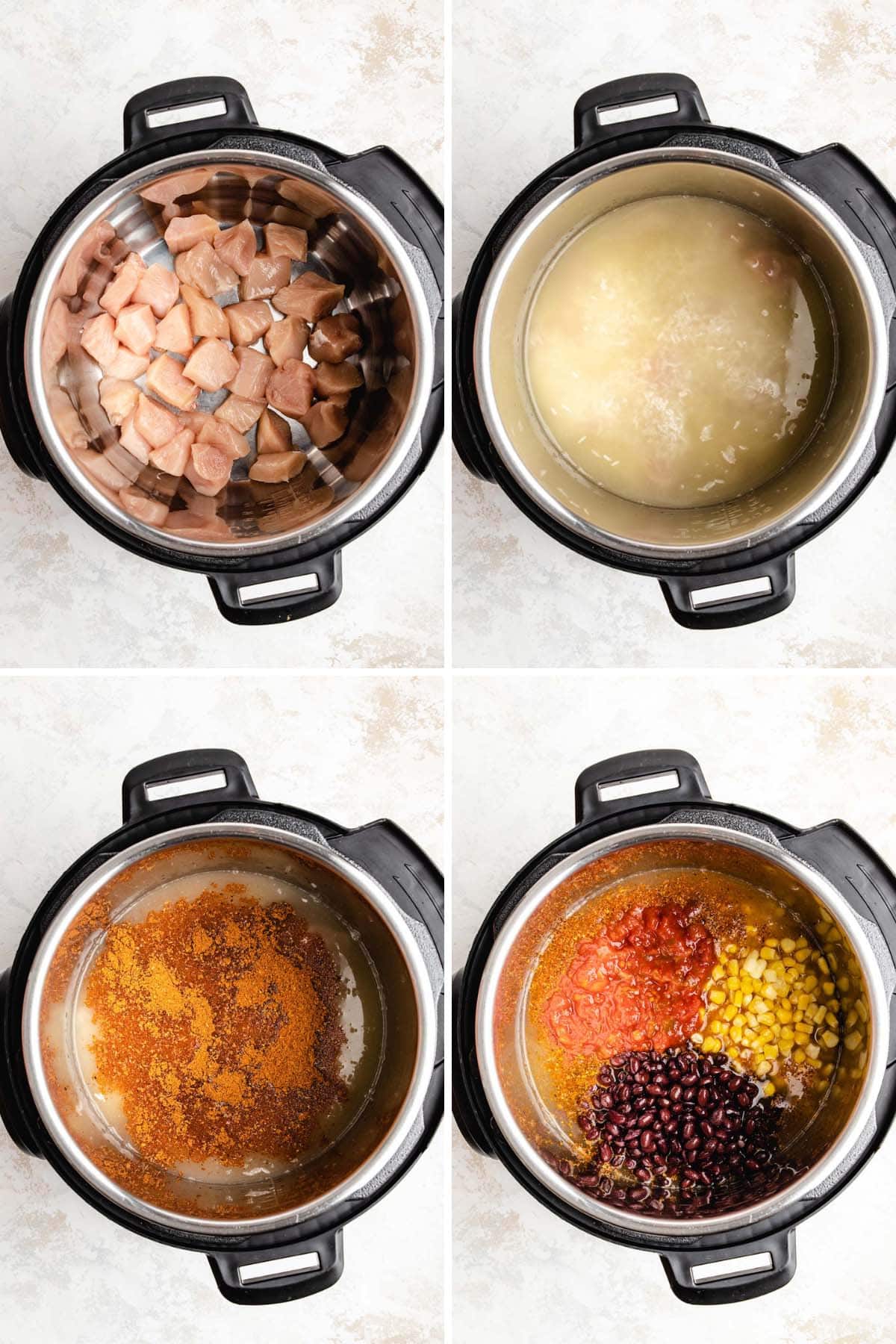 Collage showing steps to prepare a chicken burrito bowl in the Instant Pot.