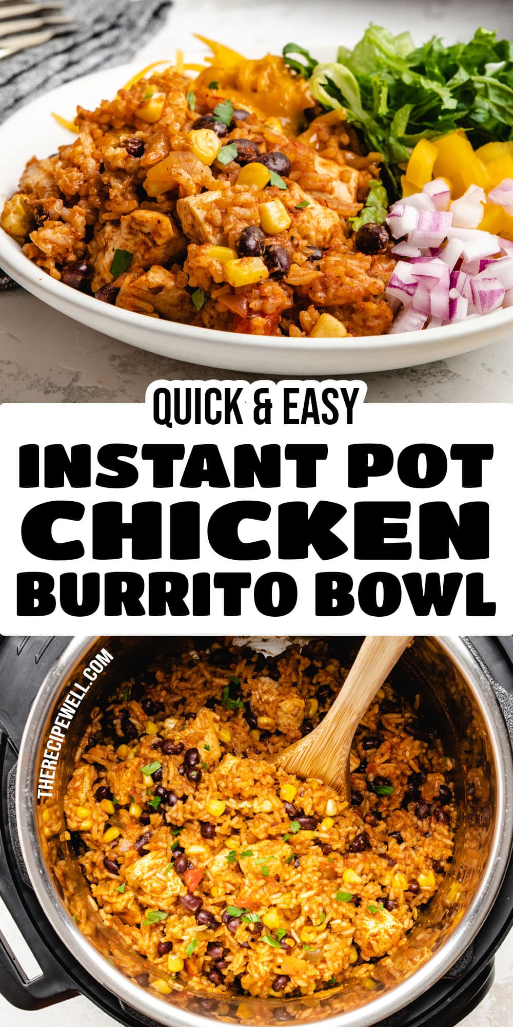 Instant Pot Chicken Burrito Bowls are quick, easy and require just 7 ingredients. Place everything in your Instant Pot and start – no sautéing required! Serve with your favourite fresh garnishes and tortilla chips for a delicious weeknight dinner. via @therecipewell
