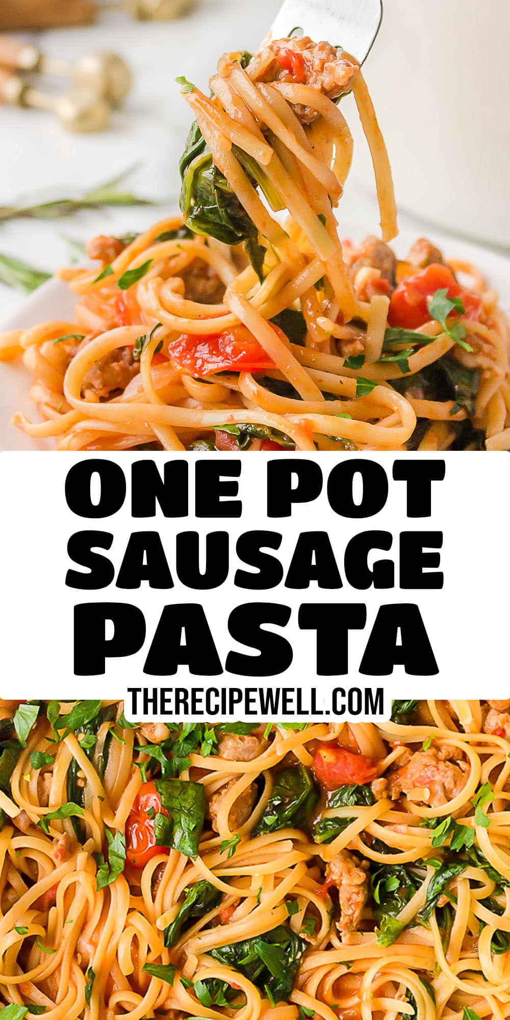 This One-Pot Sausage Pasta is super flavourful and comes together quickly for an easy weeknight dinner. Made with linguine, Italian sausage, fresh tomatoes and spinach, this pasta is a crowdpleaser! via @therecipewell