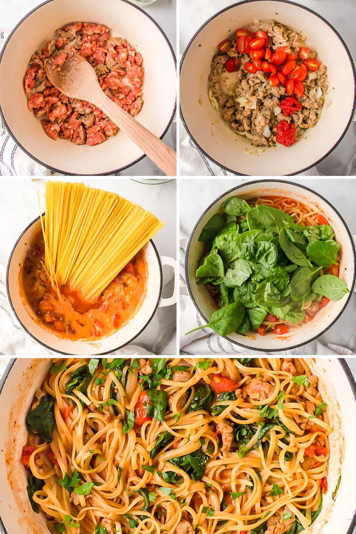 A 5-photo process collage showing the steps to make one pot sausage pasta.