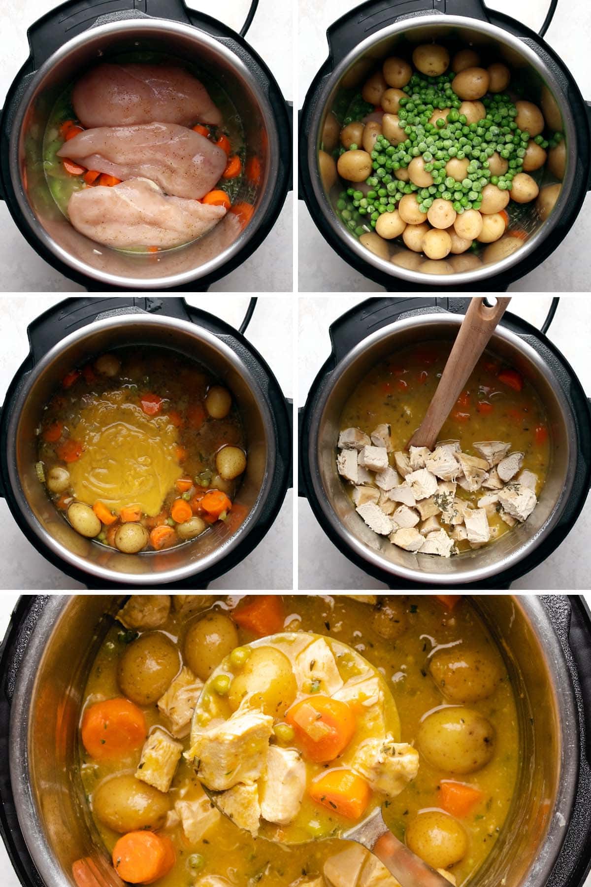 A 5-photo collage showing the steps to make Instant Pot Chicken Stew.