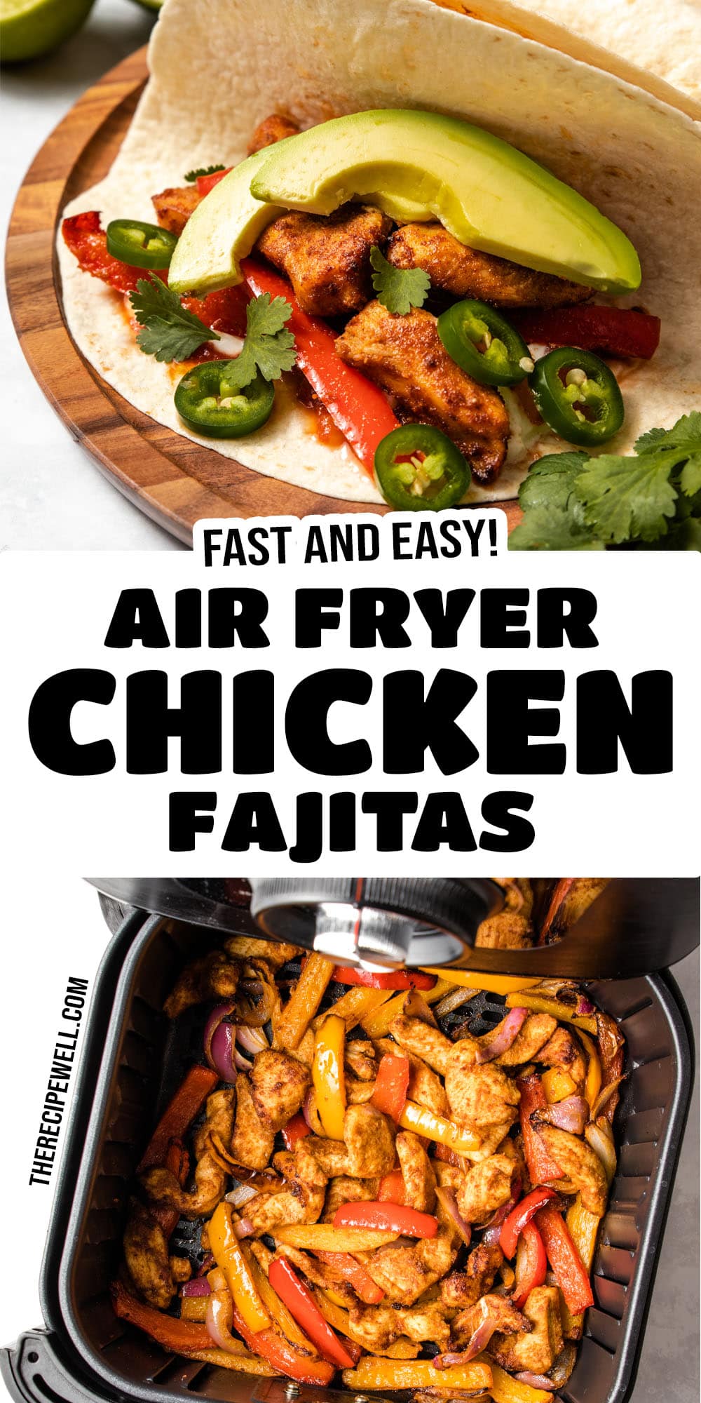 Easy Air Fryer Chicken Fajitas are made with a flavourful homemade spice mixture and a handful of fresh ingredients. Quick, easy and tasty! via @therecipewell
