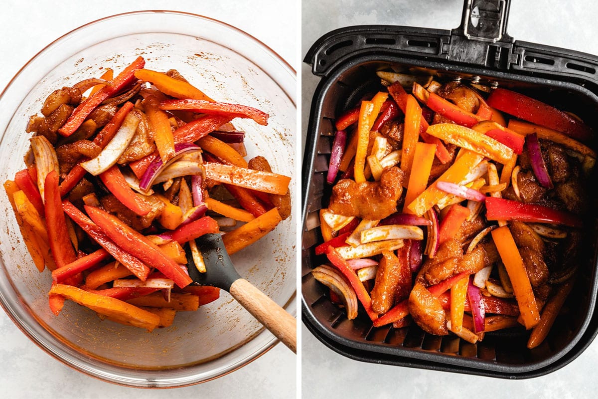 A two photo process collage showing the uncooked chicken, bell peppers and red onion being tossed in oil and fajita seasoning in a glass bowl, then placed in an air fryer basket.