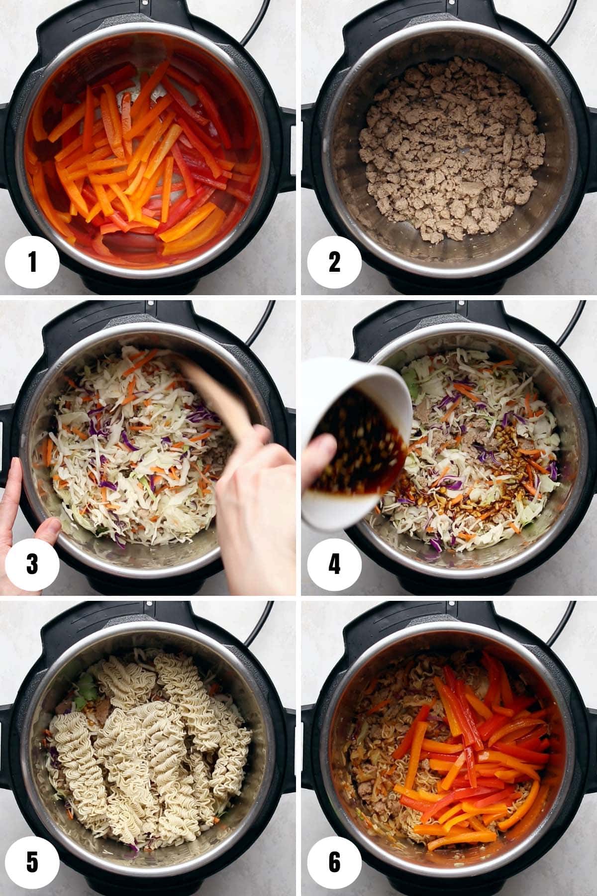 A six-photo collage showing the steps to make Instant Pot Chicken Ramen Stir Fry.
