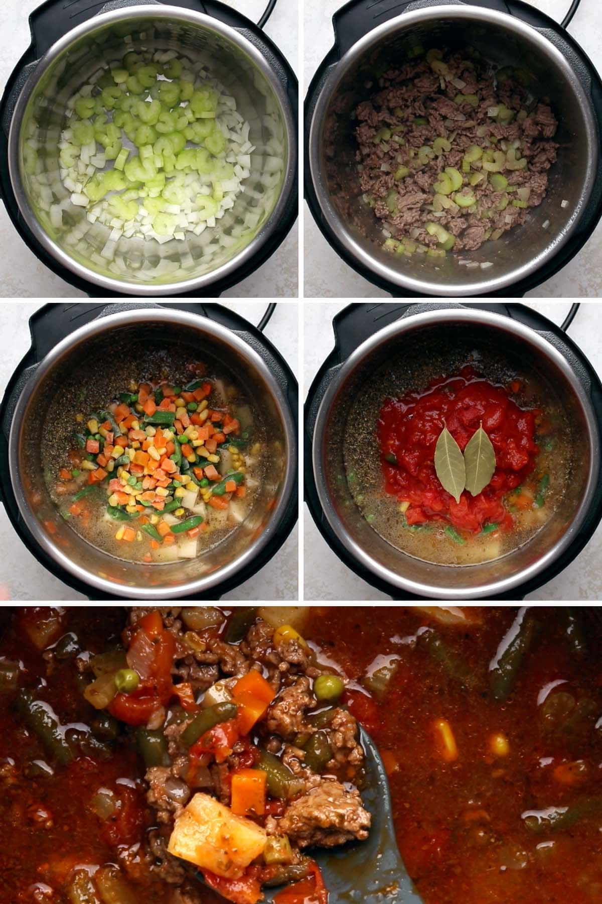 A five-photo collage showing the steps to make Instant Pot Hamburger Soup.