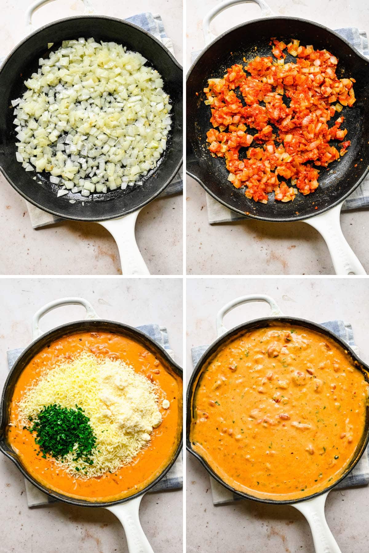 A 4-photo process collage showing the steps to make the cheesy tomato sauce for the Chicken Pasta Bake.
