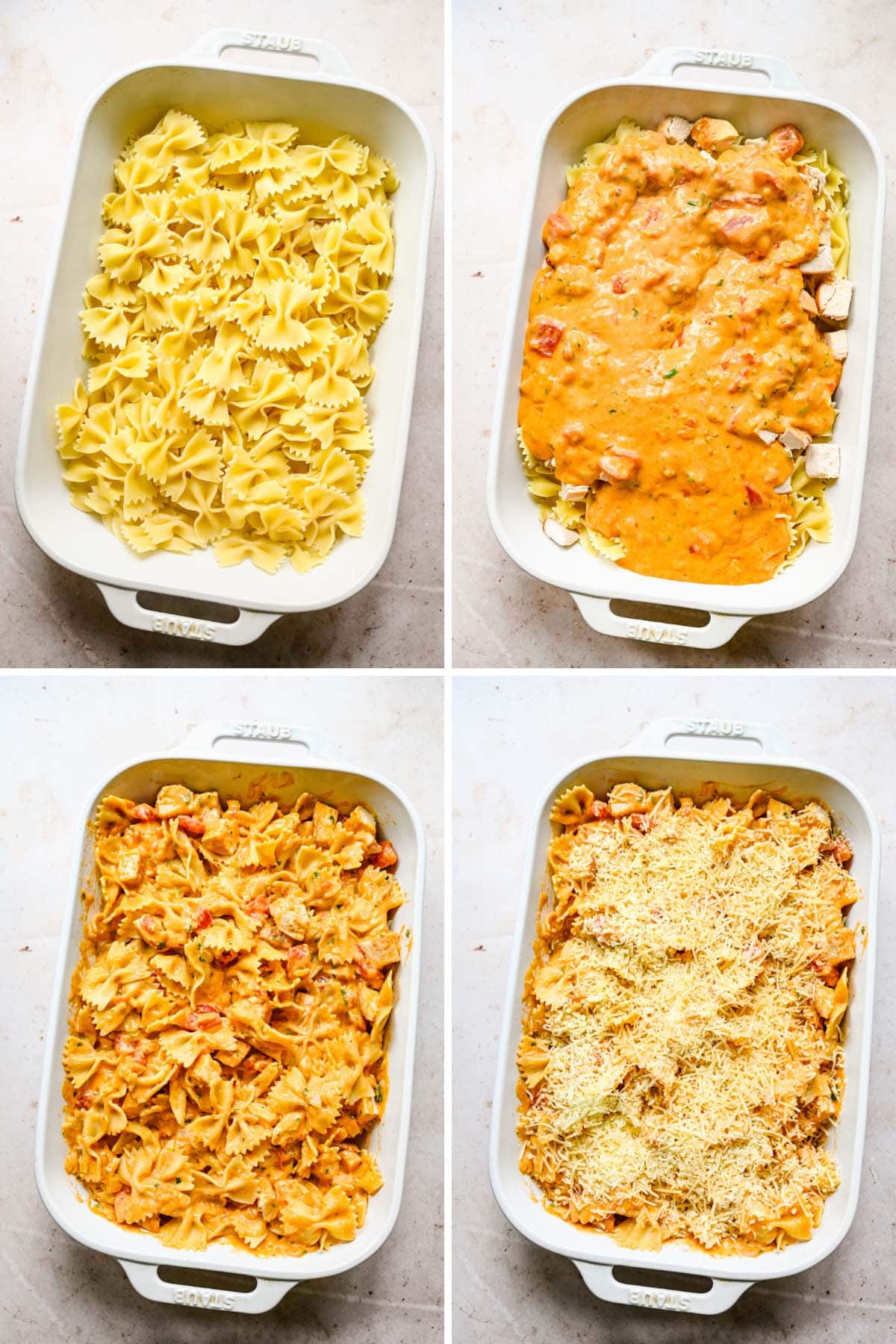 A 4-photo process collage showing the steps to assemble the chicken and pasta casserole in a white rectangular Staub dish.