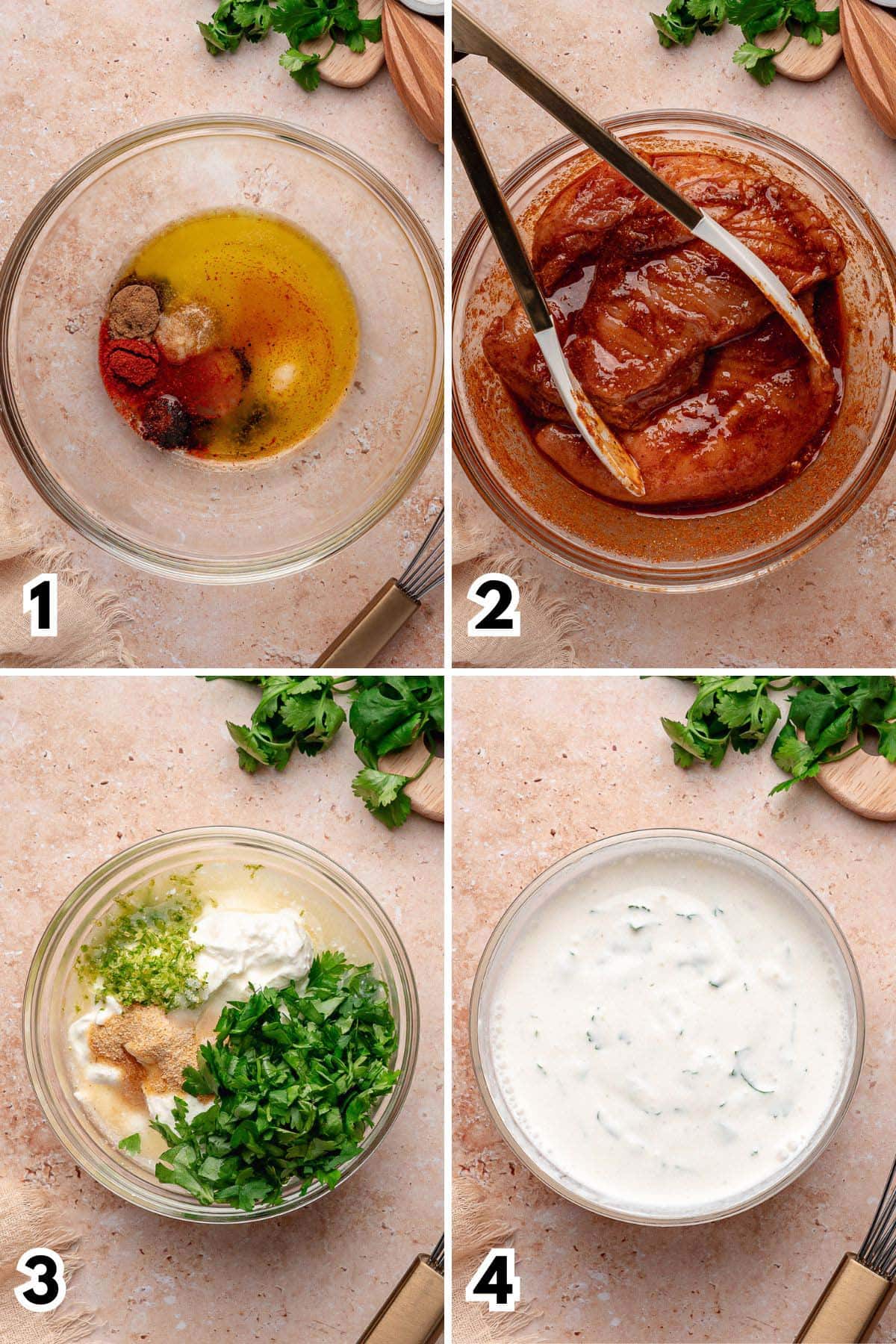 Four steps making the fajita marinade, coating the chicken in it, and blending the cilantro lime crema.